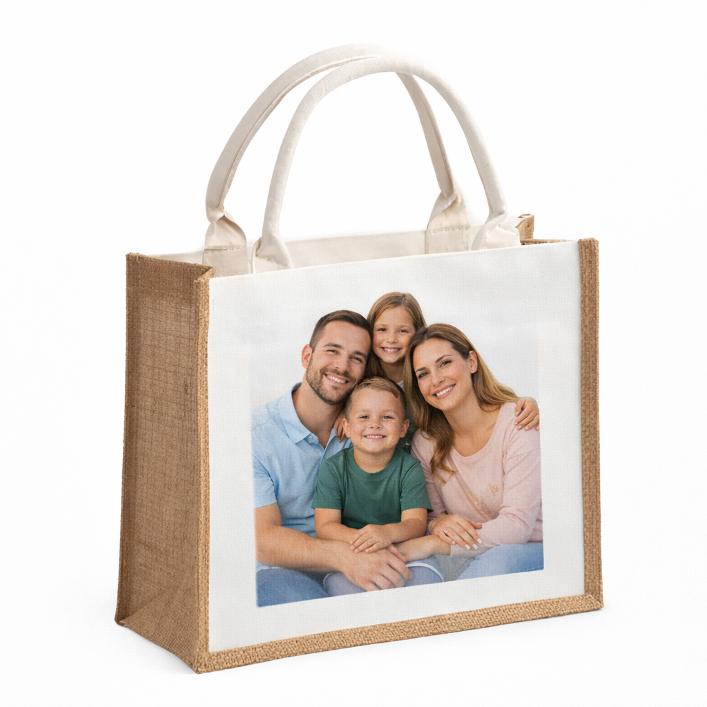 Personalised Photo Linen Tote Bag – Custom Jute Style Shopping Bag